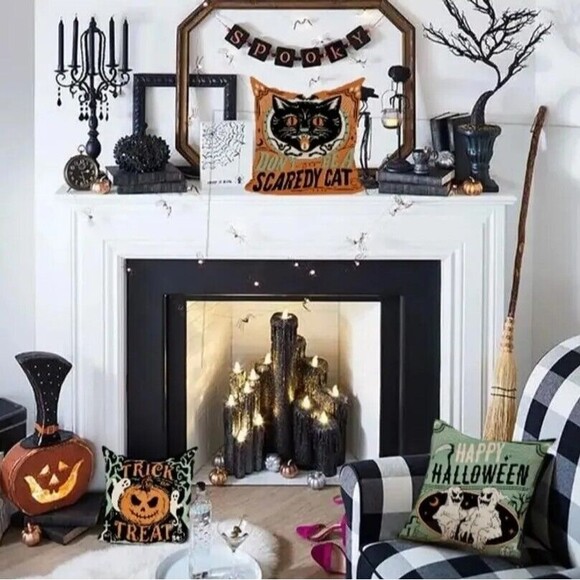 4 Retro Style Halloween Linen Pillow Covers 18x18 Cat Pumpkin Skeleton Bat Decor - Picture 4 of 16
